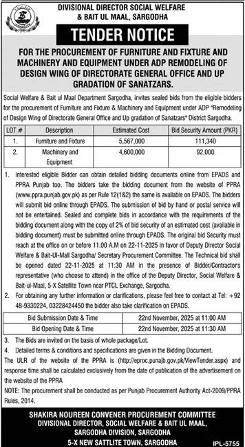 Social Welfare & Bait ul Maal Sargodha Tender Notice